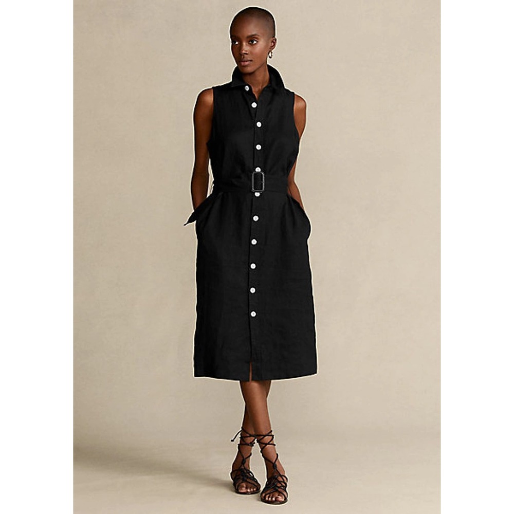 Polo Ralph Lauren Black Linen Sleeveless Belted‎ Midi Shirt Dress Size 0